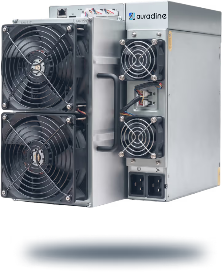 Auradine Teraflux AT2880 ASIC miner with 260Th/s hashrate and 4680W power consumption.
