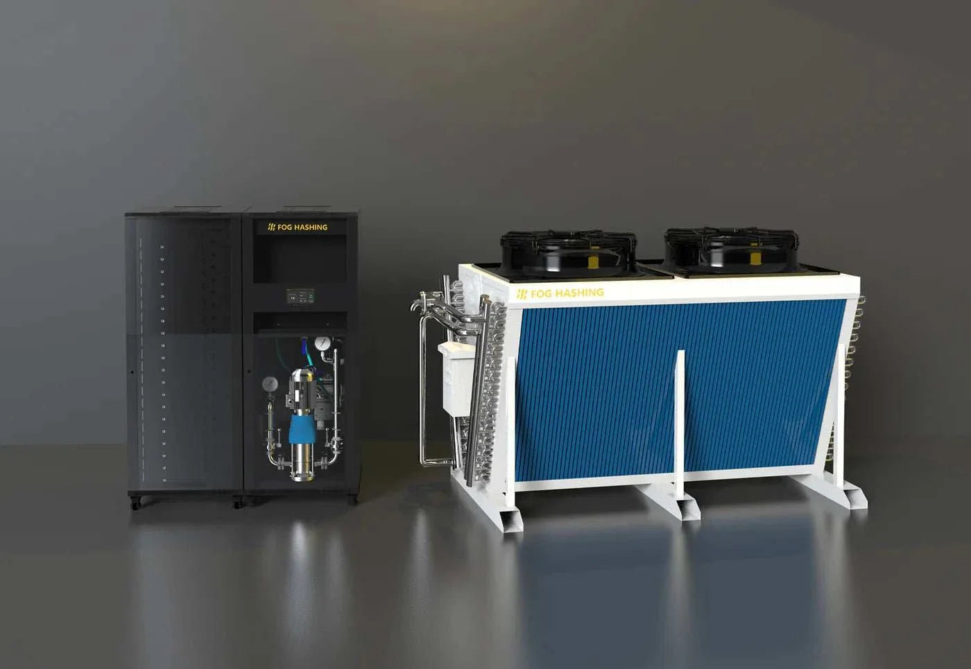 FOGHASHING Hydro Cooling Suite H200-2U/3U modular water-cooled crypto mining system with rack, CDU, and dry cooler for Antminer and Whatsminer models